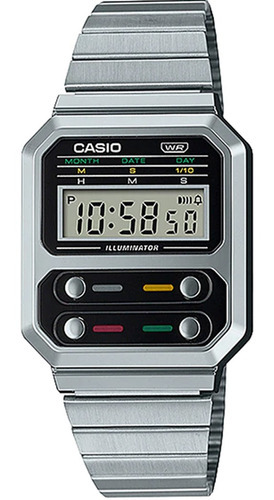 Relógio Casio Vintage A100we-1adf *retrofuturista Cor Da Correia Prateado Cor Do Bisel Prateado Cor Do Fundo Cinza