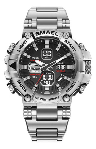 Reloj Autentico Smael 8096 Correa Plateado Bisel Plateado Fondo Negro
