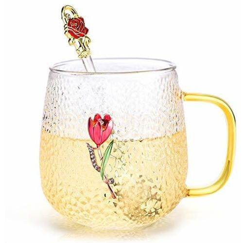 Glass Tea Cup Flower Coffee Mug, Red Rose Clear Cup Wit...