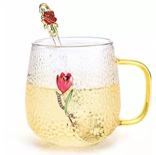 Glass Tea Cup Flower Coffee Mug, Red Rose Clear Cup Wit...