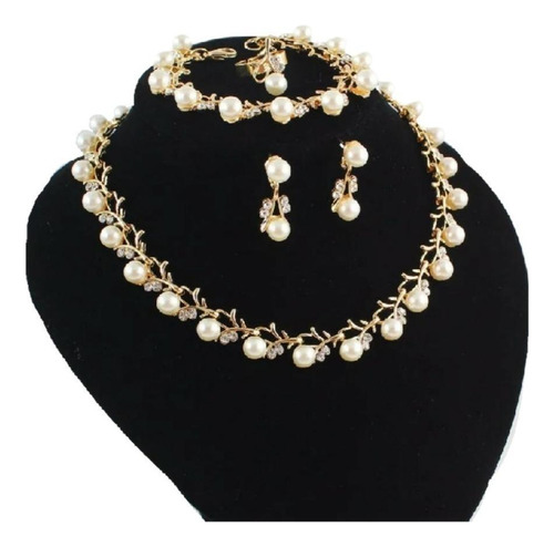 Conjunto Colar Brinco Pulseira Noiva Pérola Dourado Strass