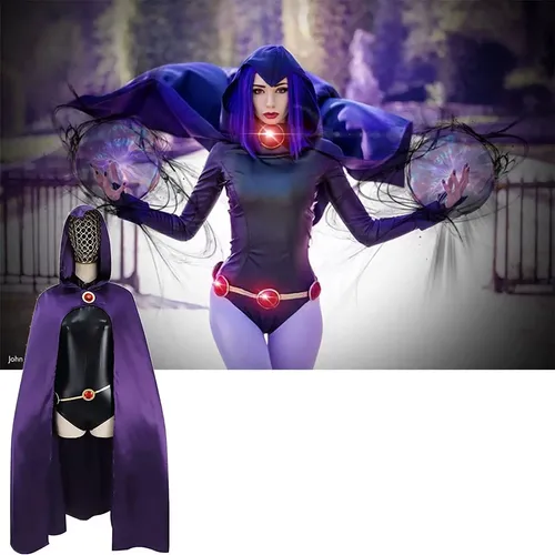 Disfraz De Raven Con Capa Violeta Y Gemas Rojas | Incluye Calentadores Y Cinturón, Tallas Disponibles – Perfecto Para Cosplay, Halloween Y Convenciones