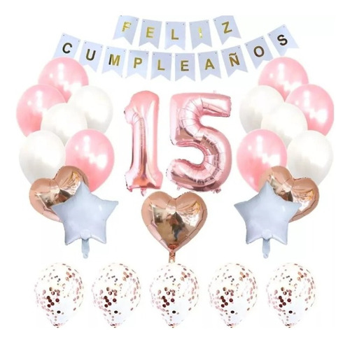 Kit Decoración Feliz Cumpleaños Bombas Oro Rosa+numeros