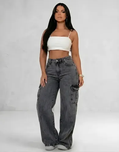 Calça Cargo Feminina Wide Leg Cintura Alta Jeans  Stillger