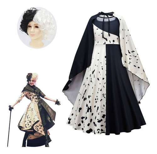 Cruella Halloween Vestido Capa Niñas 3 Piezas Con Peluca