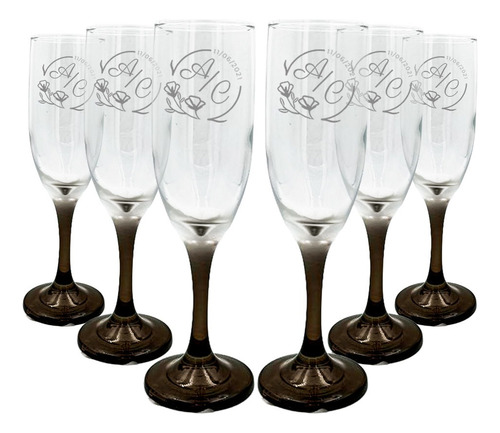 Copa Brindis Base Negra Personalizada Boda 6pz
