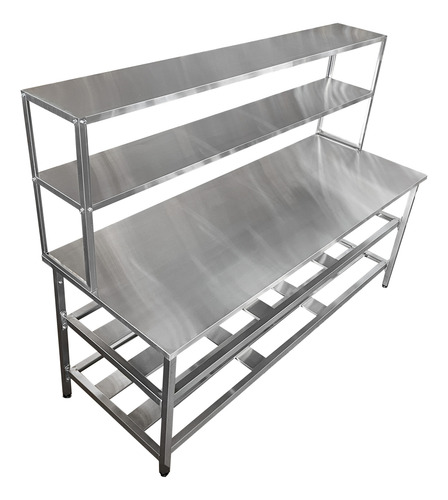 Mesa Em Aço Inox De 1,90x70 Com 2 Prateleiras De Apoio Lisa