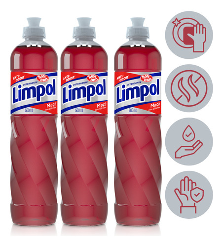 Kit 3 Detergente Liquido Glicerina Maca Limpol Bombril 500ml