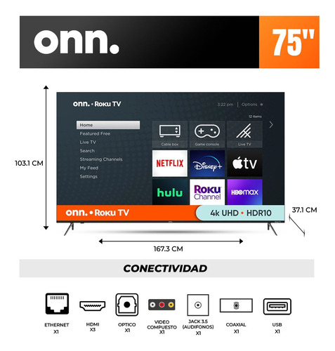 Onn 75'' Class 4k Qled 2160p Smart Tv 100071709 + Soporte (Reacondicionado)