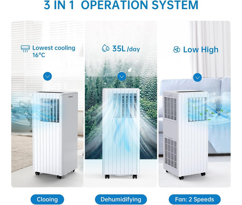 Aire Acond. Portátil 8000 Btu, Bajo Consumo, 3 En 1, 32 M²,