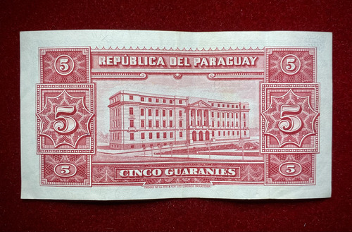 Billete 5 Guranies Paraguay 1952 Pick 186 C Rivarola (Usado)