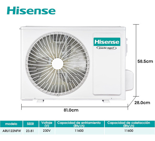 Hisense Aire Acondicionado Fresh Master Minisplit Inverter Aru122nfw 1 Ton 12,000 Btus Frio/calor 220v, Gas R32 Seer 22.0, Ultra Delgado, Detector De Co2, Wífi, Modo Inteligente Ai, Autolimpieza
