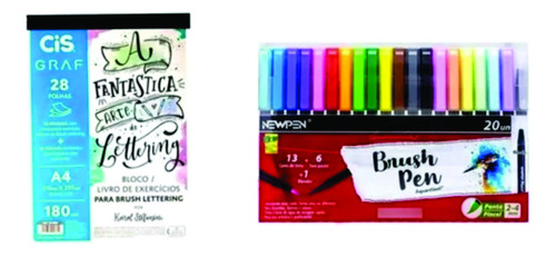 Bloco Exercício Lettering Cis + 20 Caneta Brush Pen Newpen