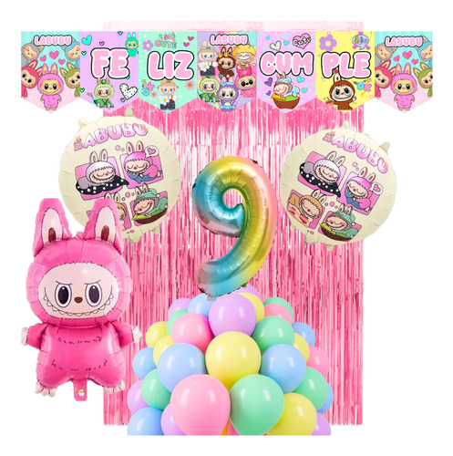 Combo Globos Labubu Banderin Cortina Numero 70cm Multicolor Número 9