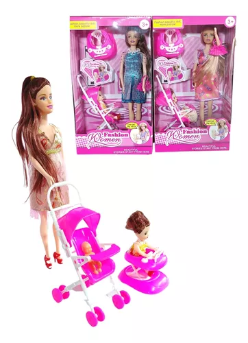 Boneca Gravida Estilo Barbie Andador Carrinho Bonequinha morena