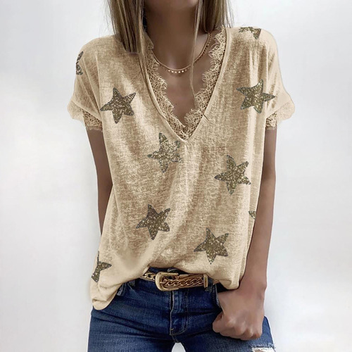 Camiseta De Verano Con Cuello En V Y Estampado De Estrellas,