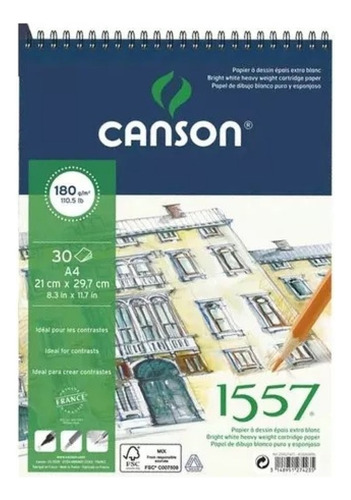 Block Canson 1557 Espirlado 180 Grs A4 30 Hojas Color Blanco