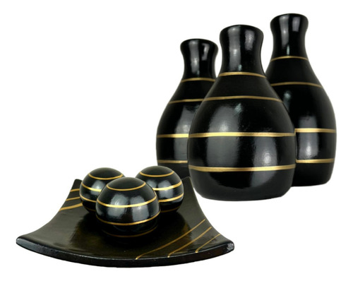 Conjunto Enfeite Ceramica Trio Vasos Centro Mesa Decorativo Cor Leticia Preto Filete Dourado