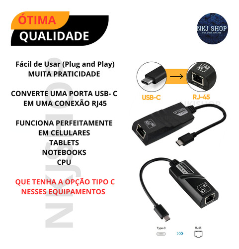 Cabo Adaptador Usb-c 3.0 Para Rede Rj45 Ethernet Gibabit
