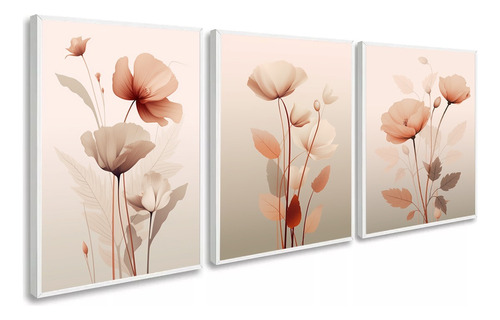 Kit 3 Quadros Decorativos Flores Rosa Moderno Com Moldura