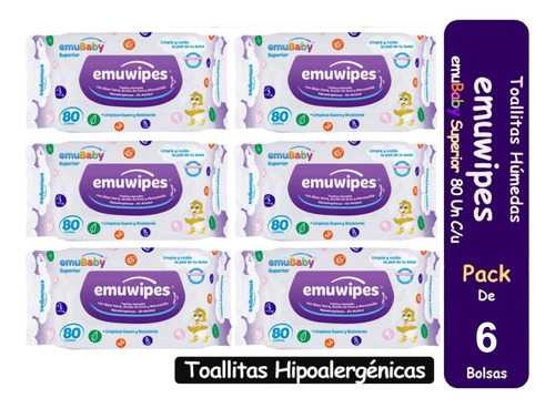 6pack Toallitas Humedas Emubaby Emuwipes Superior 80unidades