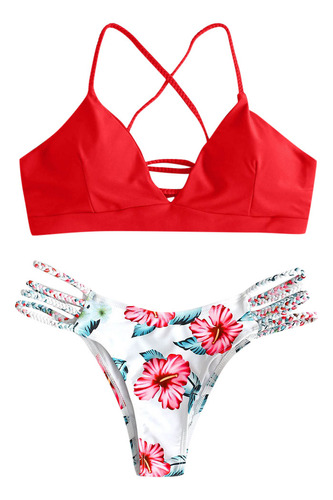 Traje De Baño M, Bikini Cortado Con Flores, Dos Piezas, Ropa