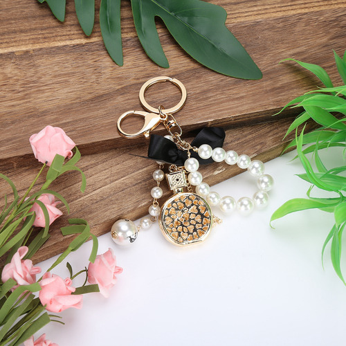 Key Keychain Alloy Bowknot Perfume Bottle Shape Pearl Hand