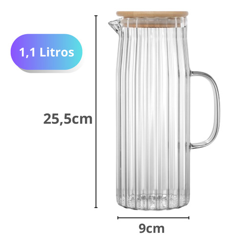 Jarra De Suco Água Em Vidro Resistente Com Tampa Bambu 1,1l