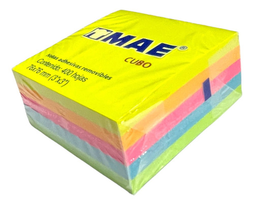 Cubo Notas Adhesivas 7.6x7.6cm Mae Neon Mix 3x3in 400 Hojas