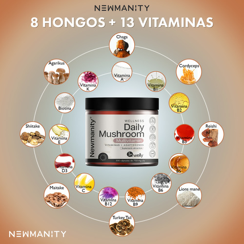 Multivitaminico Newmanity Wellness Daily Mushroom pote con 300 cápsulas sin sabor