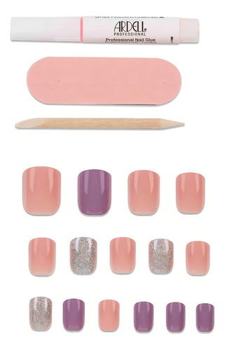 Unhas postiças decoradas com glitter lilás rosa, brilhos premium