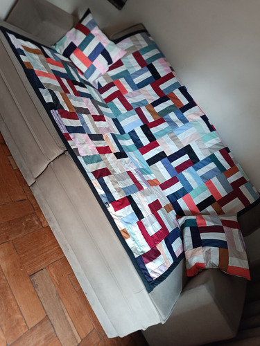 Manta Para Sofá+2 Capas P Almofada De Retalhos Artesanal Colorido Patchwork