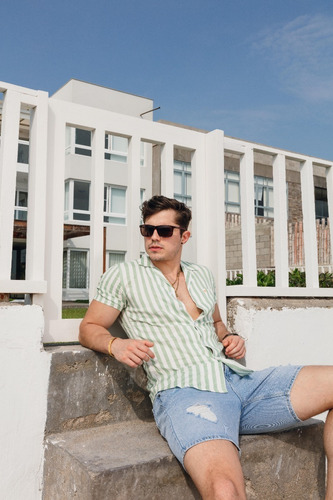 Camisa Tropikl Hawaiana Harmony Slim Fit Noche Verde Blanco