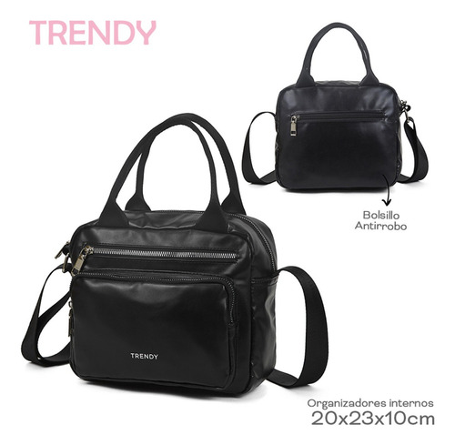 Cartera Trendy Negra De Eco Cuero Con Bolsillos Prácticos Tdy 22359 Negro Lisa Níquel Negro