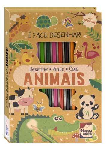 Livro Para Crianças - É Fácil Desenhar! Animais - Acompanha 12 Lápis De Cor E Adesivos - Auxilia No Desenvolvimento Da Coordenação Motora Desenho E Noção De Espaço E Tamanhos