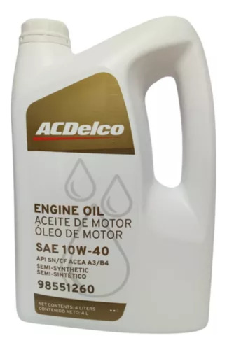 Aceite Acdelco Semi 10w40 4 Lt Chevrolet Api Sn/cf 