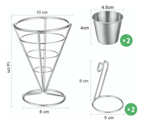 Cono Para Patatas Fritas Y Aperitivos De Acero Inoxidable, 2