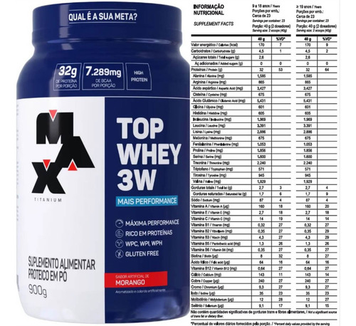 Top Whey 3 W Max Titanium Pote 900g Sabor Morango Sabor Whey Morango