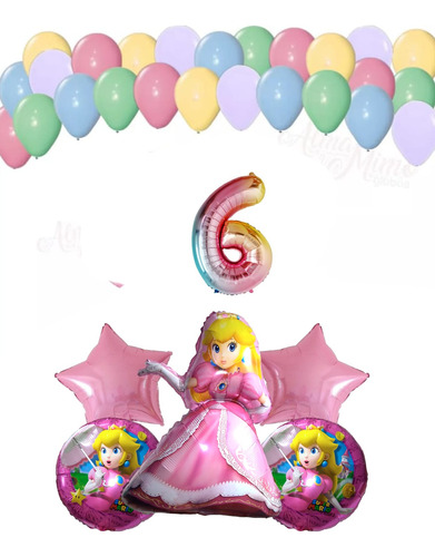 Pack Globos Peach Mario Bross X 6 + 50 Látex Pasteles 