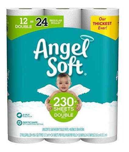 Papel Higiénico Angel Soft, Doble Rollo, 12 Unidades