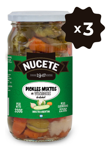 Combo Pickles En Vinagre Frasco Nucete 330 Gr X 3