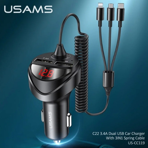 Cargador Auto Usams 2usb Micro Tipo C Compatible Lightning