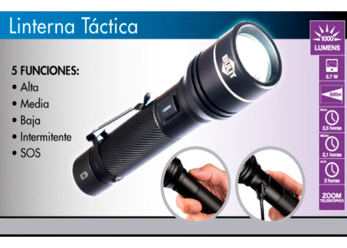 Linterna Tactica Led Recargable Usb Bateria Litio Bulit Linterna Negro Luz Blanco