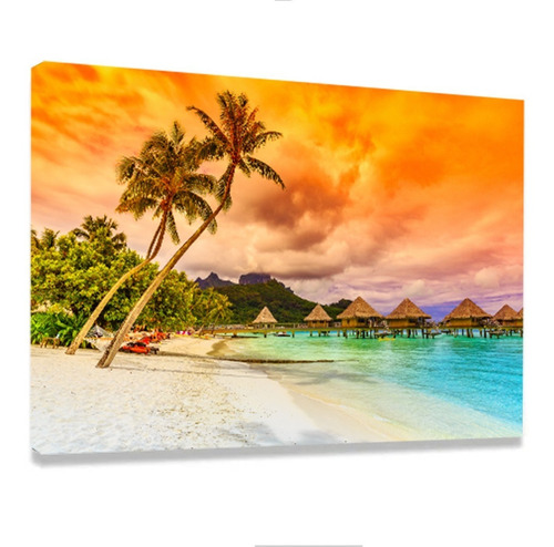 Quadro Tela Decorativo Sala Paisagem Praia Por Do Sol 90x60 Cor Azul Cor Da Armação Borda Infinita