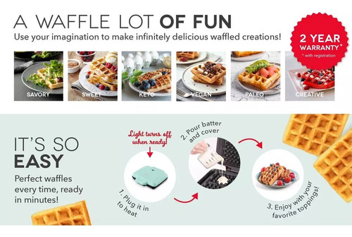 Waflera Dash Grande Cuadrada 4 Waffles 2 Tiras Antiadherente