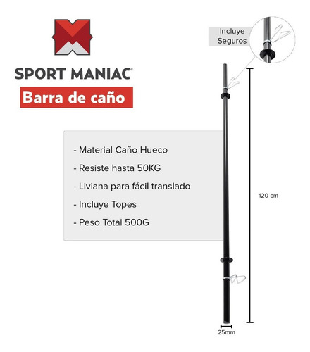 Barra De Caño Pintada Con Topes Incluidos Sport Maniac Color Negro