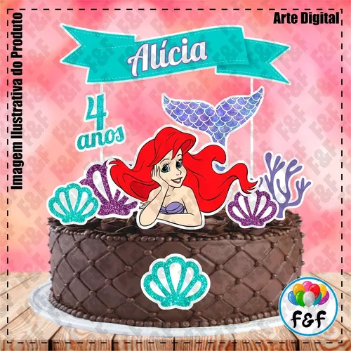 Topper de Bolo Sereia Princesa Ariel Topo Personalizado