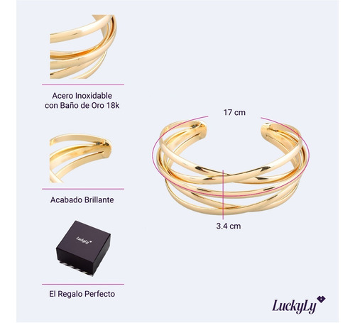 Imagen 3 de 9 de Luckyly Pulsera Brazelete Corinne Color Oro, Plata Ajustable
