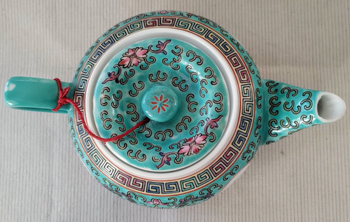 Juego De Té Antiguo. Porcelana China Celeste Verdoso Rosa Oriental (Usado)