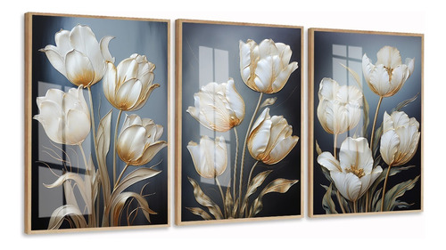 Quadros Decorativos Flores Gold Branca Moderno Moldura Vidro